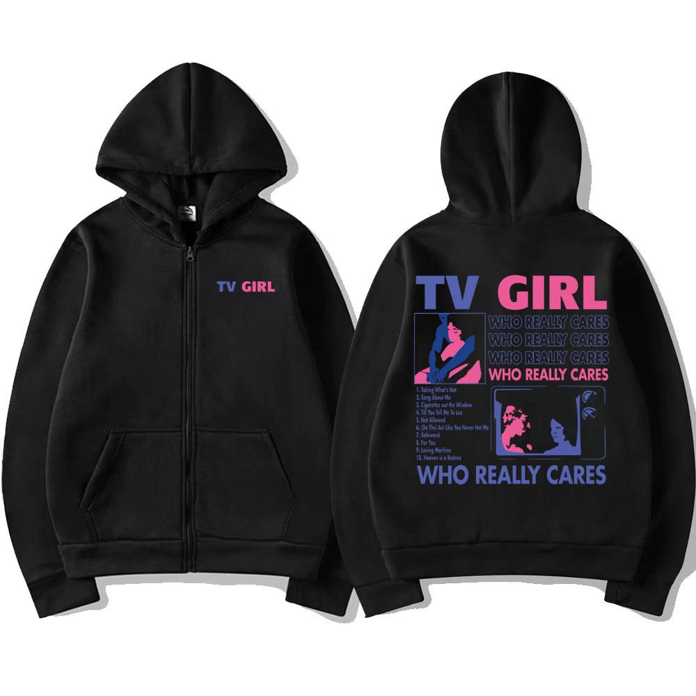 Vintage Tv Girl Who Really Cares Printed Zipper Hoodies Men Women Gothic Y2K Trending Sweatshirt Hip Hop Zip Up Jacket Coats