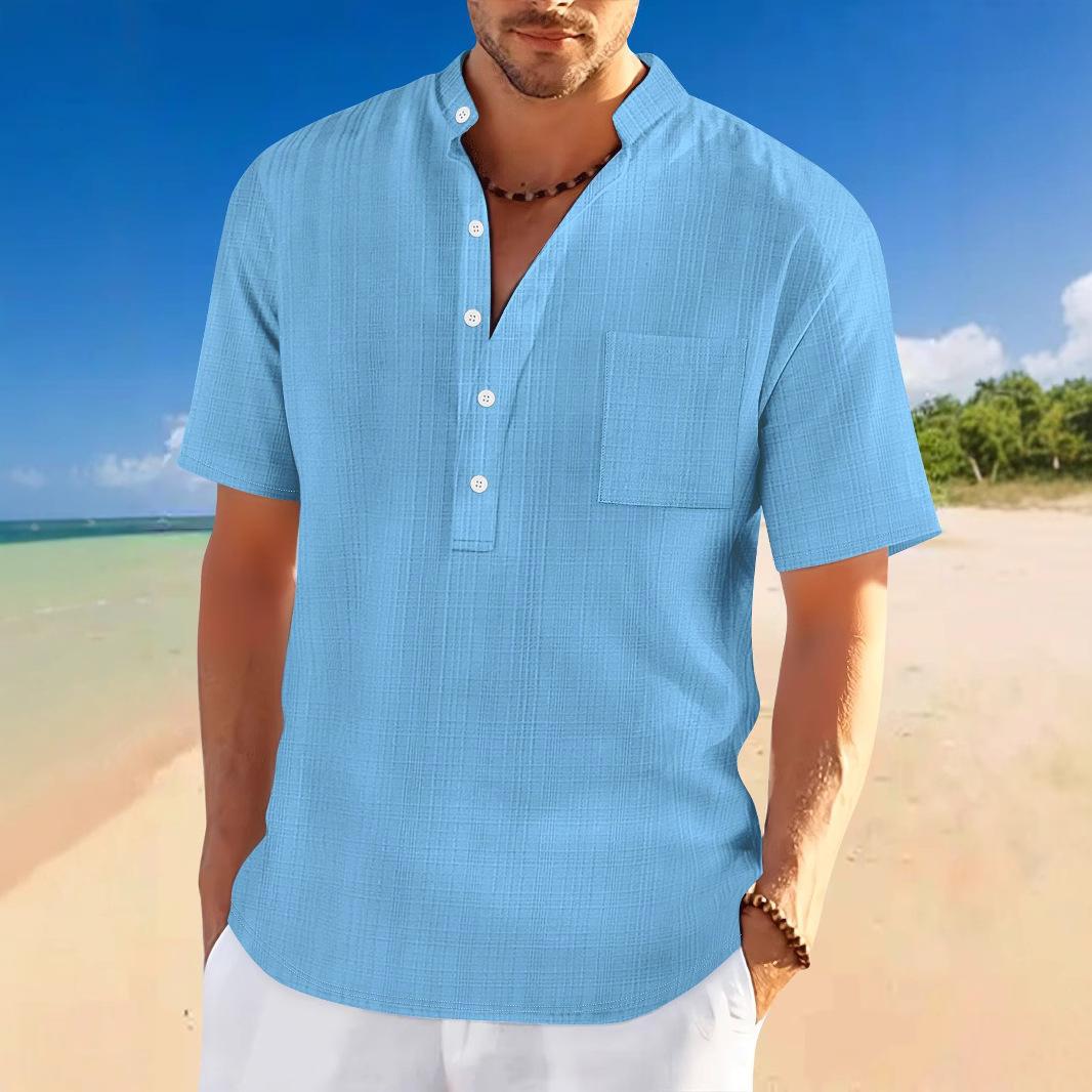 

Men s Stand Collar Bamboo Imitation Linen Short Sleeve Shirt Loose Tees Casual Jacquard Henley Tops XXL