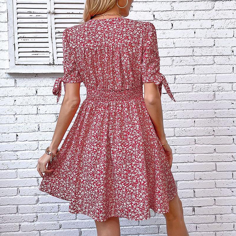 Sommer Damen V-Ausschnitt Bedrucktes Kurzes Geschlitztes Kleid Damen