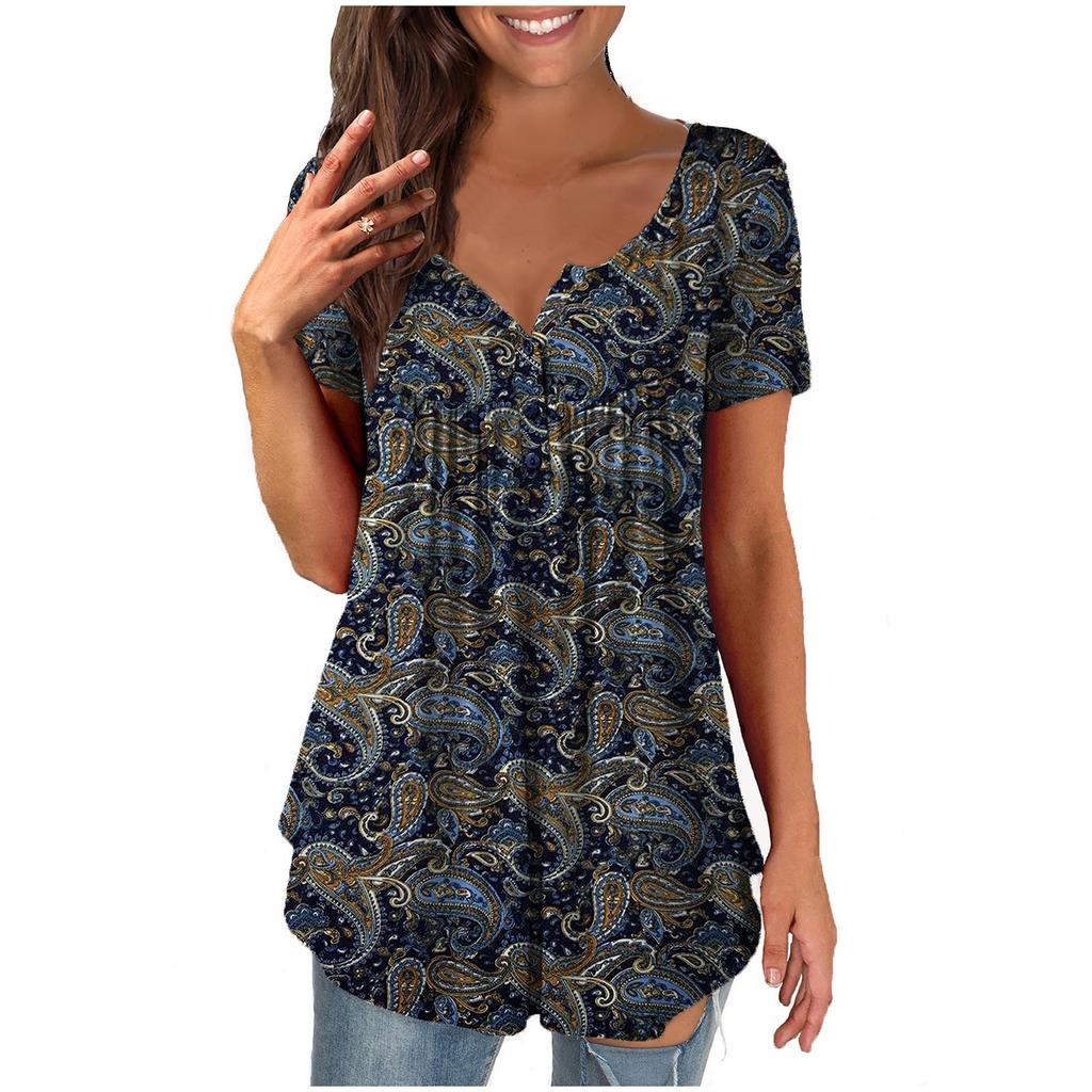 Women Round Neck Print Loose Casual Short Sleeve T-Shirt Tops