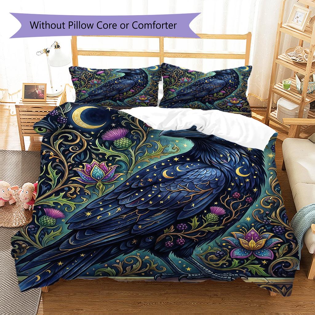 Flower Cat Crow Pattern Bedding,Quilt Set Quilt Cover Pillowcase Home Birthday Gift (1 * Duvet Cover + 2 * Pillowcase, Without Core)