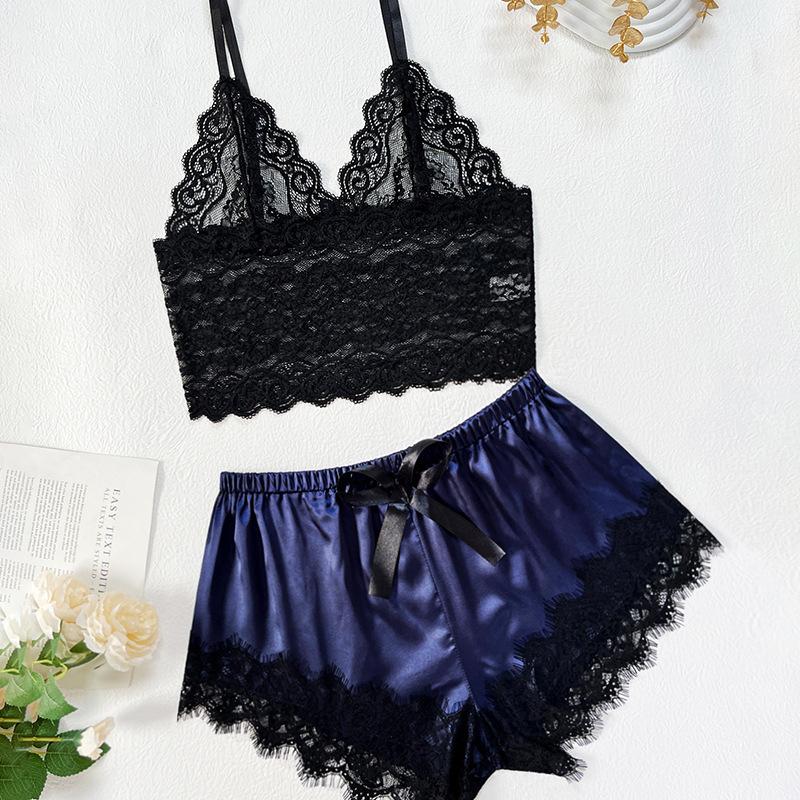 

2025 весна новый сексуальный комплект нижнего белья сексуальный кружевной жилет имитация шелка комбинированный комплект пижамы женщины XL тёмно-синий