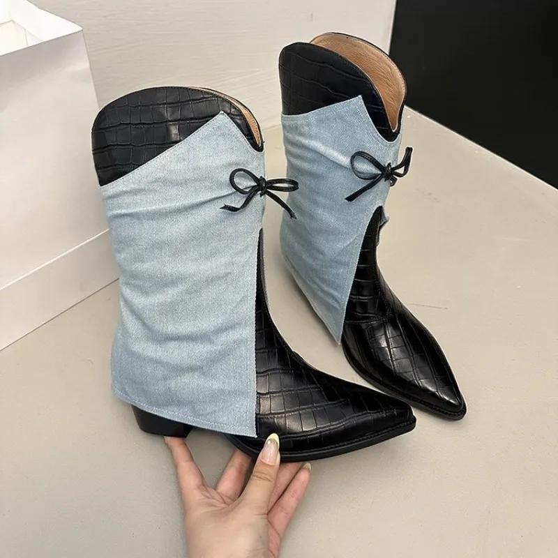 

Модные осенне-зимние 2025 новые нишевые западные джинсовые ботильоны, женственные с острым носком, с бантом на голенище, на блочном каблуке, ботильоны для брюк 42 синий