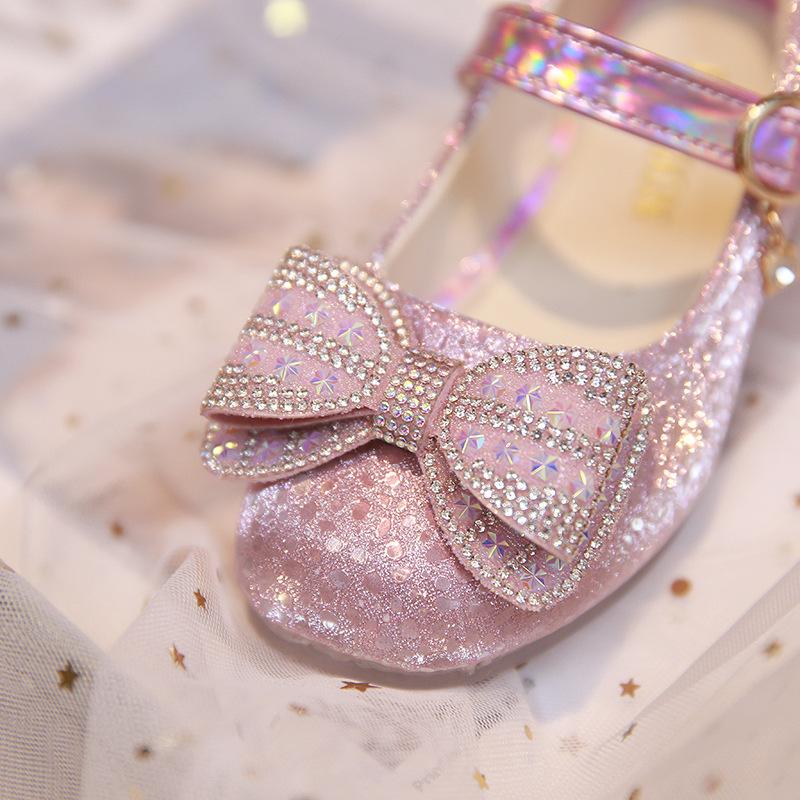 Chaussures de princesse pour filles, petites chaussures en cuir avec nœud en strass, roses, mignonnes, à fond souple, simples, sophistiquées, généreuses et élégantes pour filles