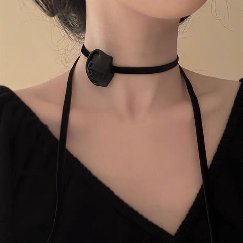 Lolita Camellia Choker Necklace for Women - Dark Clavicle Chain, Maid Style Neckband Collar