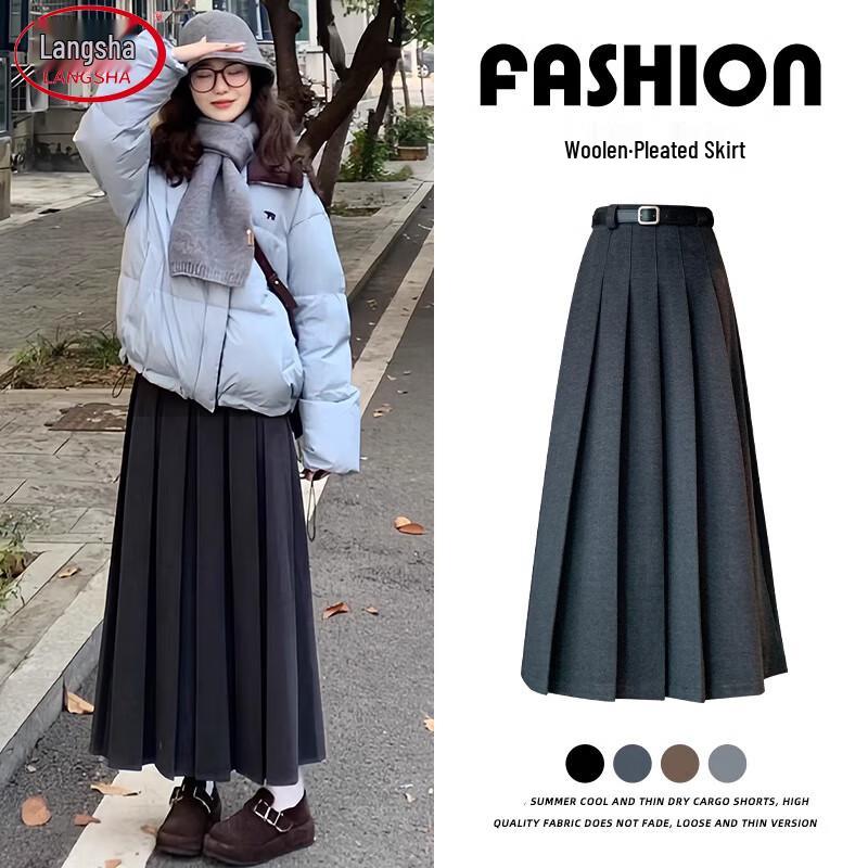Langsheng Women s High-Waist A-Line Pleated Wool Midi Skirt M (95-110 lbs)