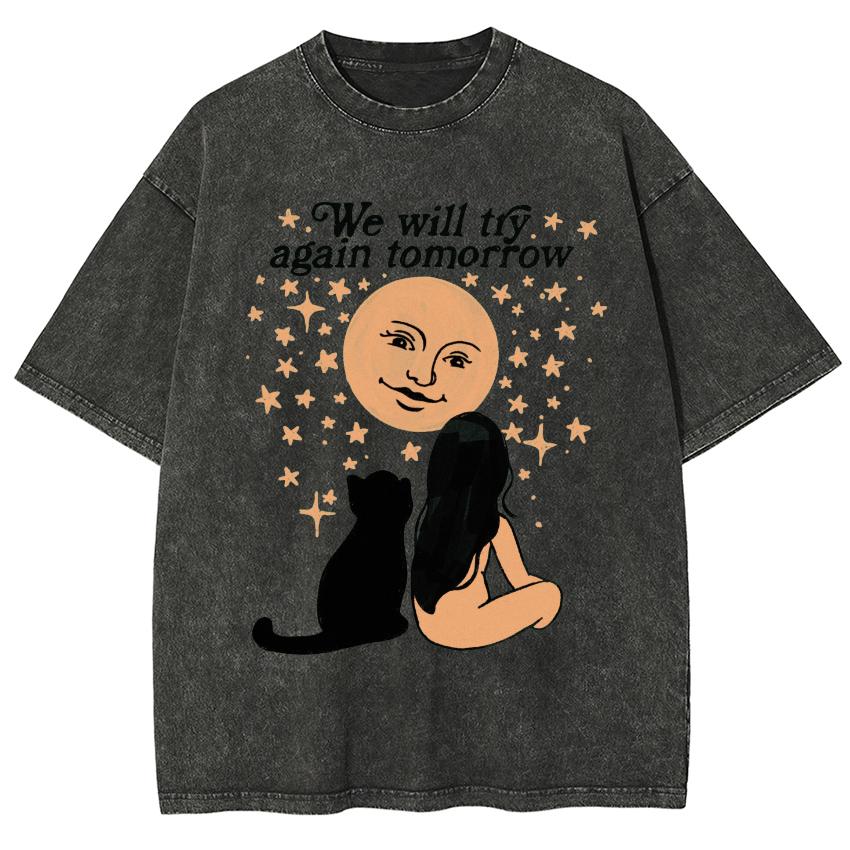 Black Cat Girl Print Women T-Shirt Washed Short Sleeve Personality Teen Student Half Sleeve Street Trend Vintage Top