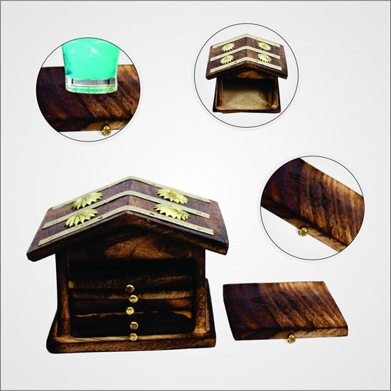 Wooden Home Wellness Tea Coaster In Decorative Hut Shaped Holder, Antique Finish Set of 6