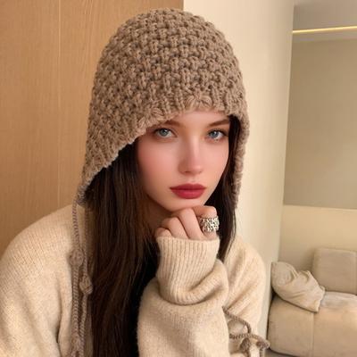Damen Häkel-Slouchy-Beanie mit Quaste Handgewebte Texturierte Strickmütze Ethnischer Stil Fransenmütze für Herbst Winter