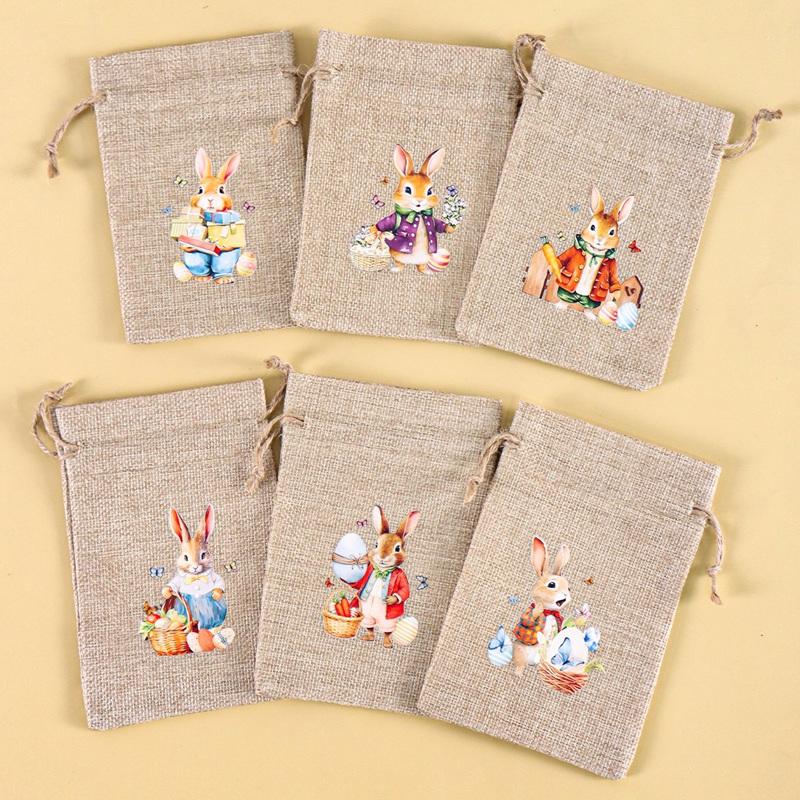 6Pcs Easter Linen Gift Bag Bunny Candy Cookie Packing Bag Spring Easter Party Favor Supplies Kids Candy Gifts Easter Decor 2026