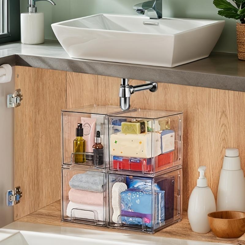 4pcs 6.6-Inch Stackable Storage Boxes Clear Plastic Drawers Suitable for Vanities Under Sinks Kitchen Cabinets Bathroom Storage