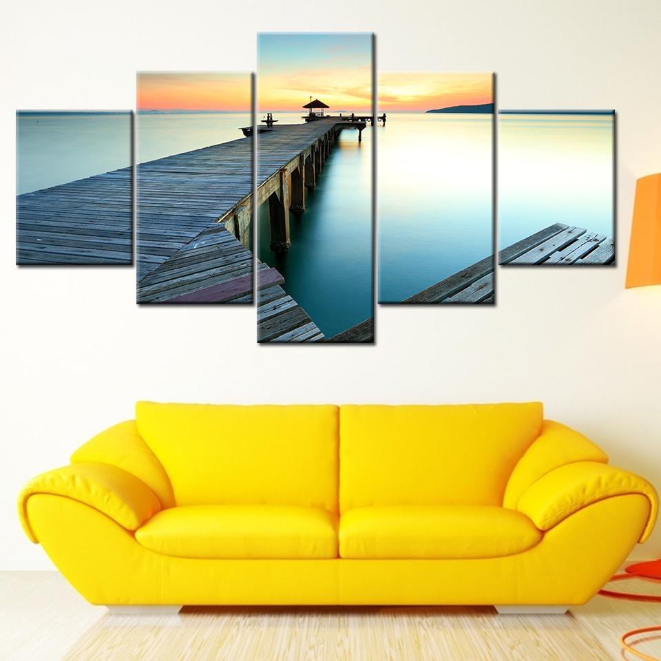 Canvas Painting Wall Art Frame Home Decor Pictures 5 Pieces wood bridge with sunrise sea Poster Living Room HD Printed