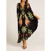 Women's V Neck Three Quarter Maxi Dress Loose Fit Mid Waist Tropical Print Kaftan Beach Dress