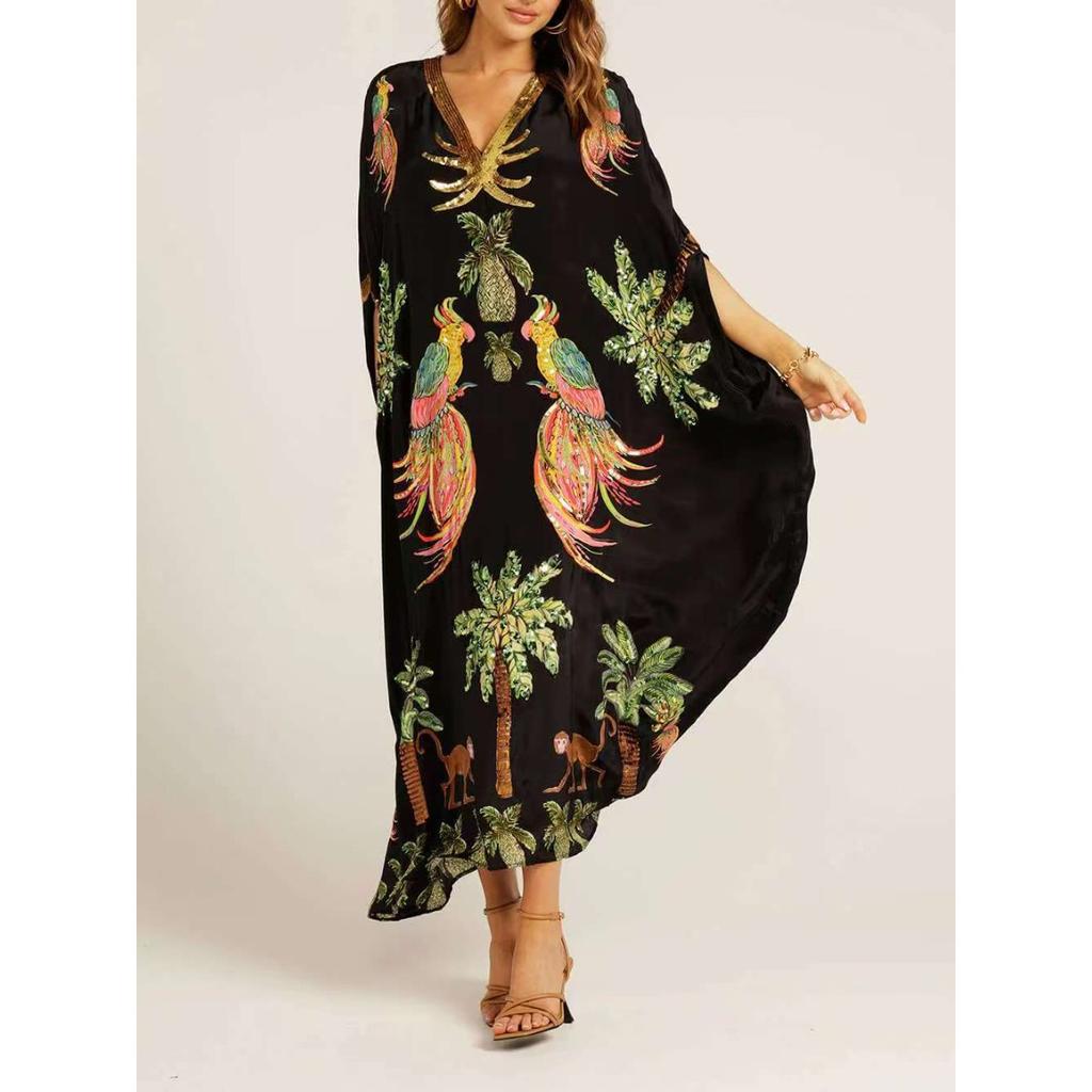 Women's V Neck Three Quarter Maxi Dress Loose Fit Mid Waist Tropical Print Kaftan Beach Dress