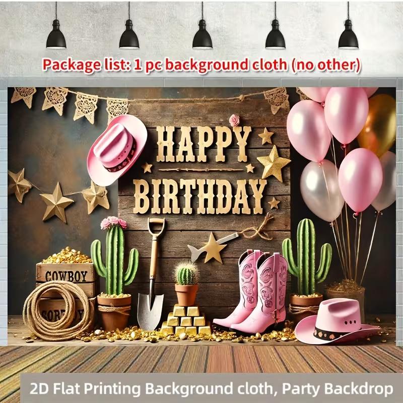 2D Cowgirl Happy Birthday Photography Backdrop, Rustic Wood & Cactus Themed Party Banner