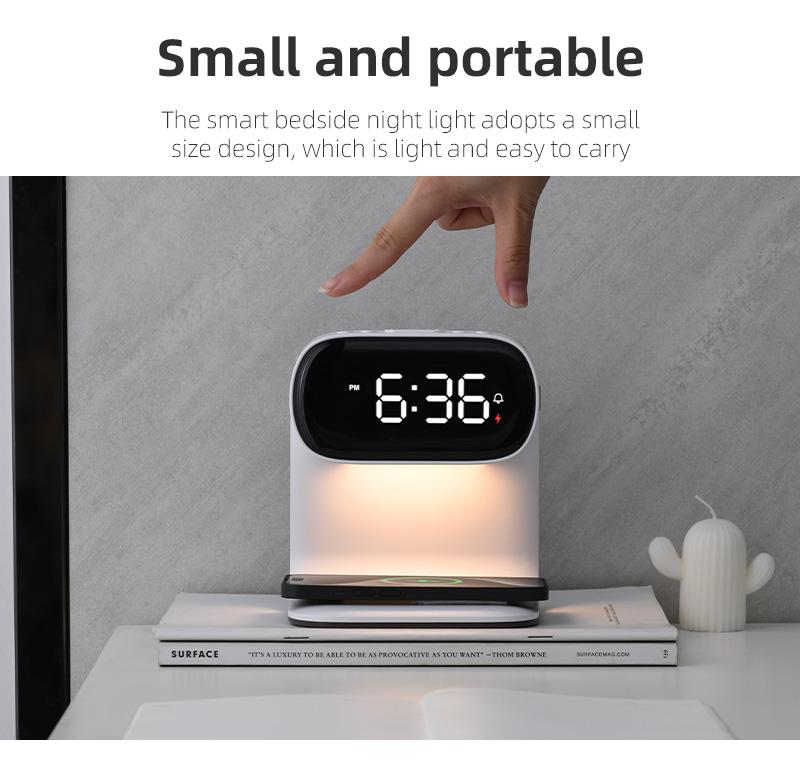 15W Contemporary LED Wireless Charging Bedside Lamp for Bedroom with 3-grade Brightness Night Light and Clock