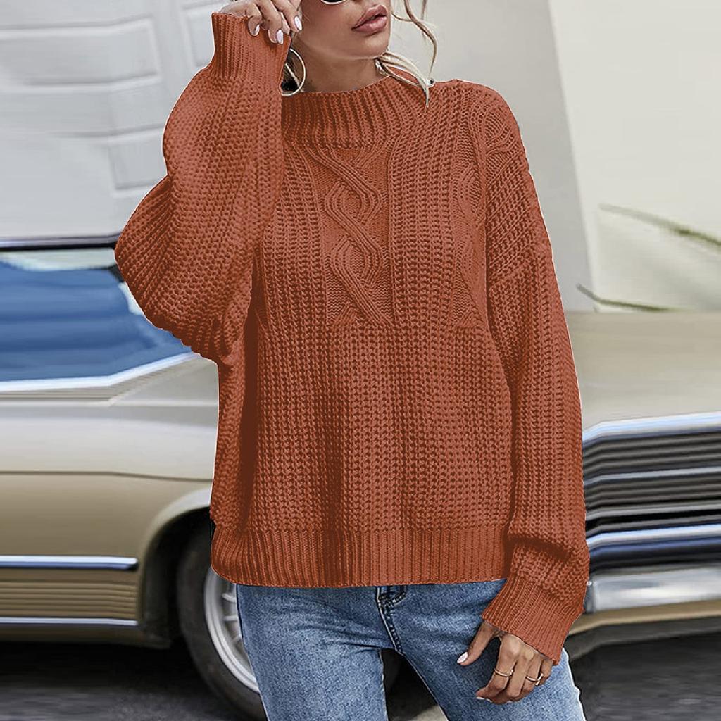 Damen Schwarzer Lockerer Pullover Hoher Kragen Bequemer Kragen Pullover Einfarbig Gestrickt Langarmpullover