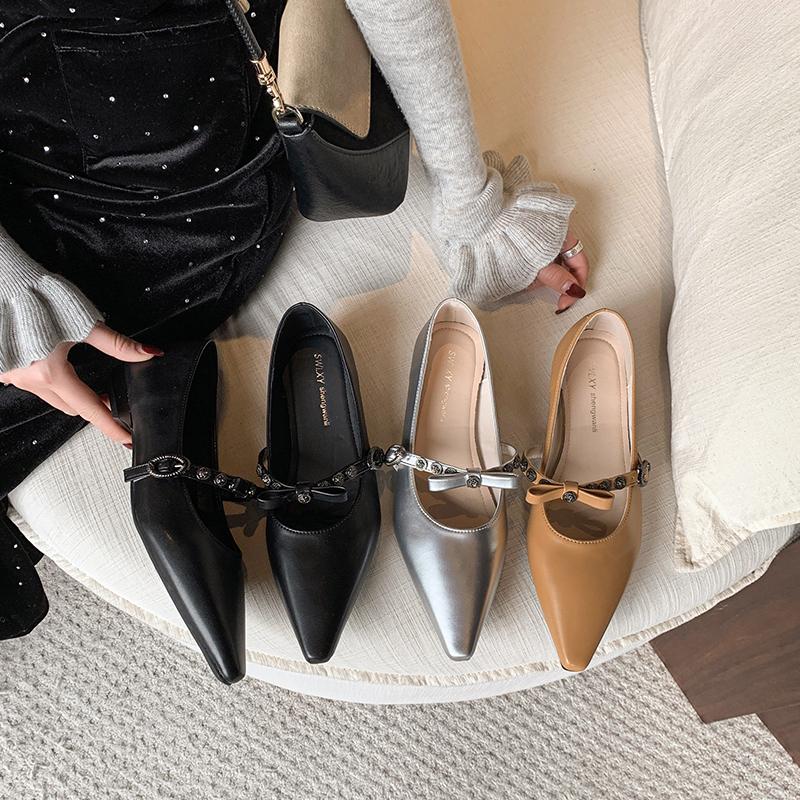 Leisure Pumps for Women Slip On Square Low Heels Pointed Toe Women Shoes Leather Square Buckle Mary Jane Shoes Woman Plus Size