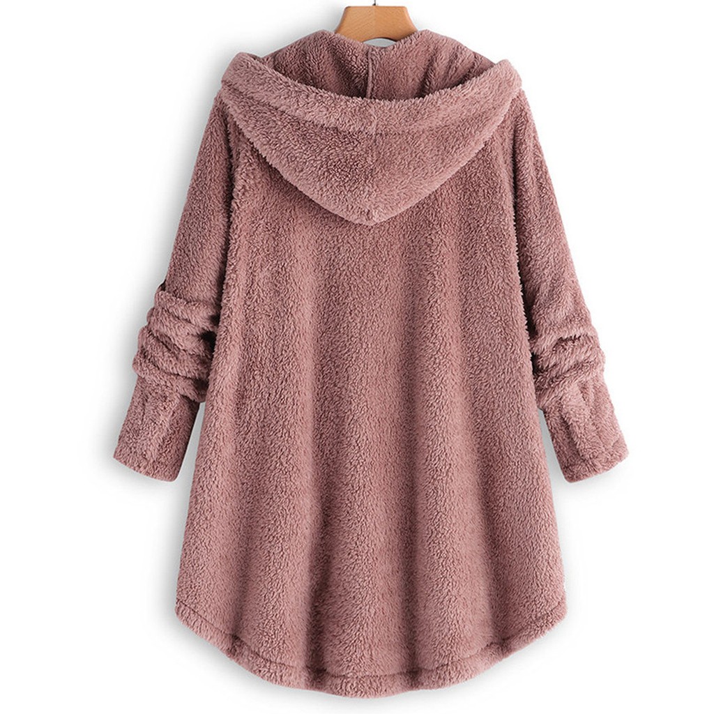 Kvinner Plus Size Button Plysj Topper Hette Løs Cardigan Ull Kåpe Vinterjakke