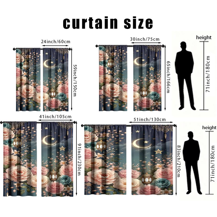 2PCS Deep Blue Starry Moon Lantern Floral Curtains   Festive Style   Bedroom and Living Room   Drawbar Pocket Style