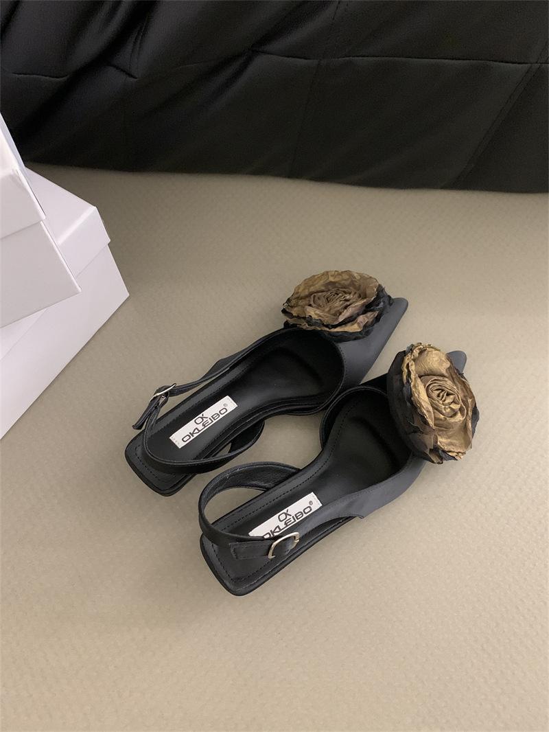 

Гуофэн туфли-сандалии с острым носком и цветочным декором на тонком каблуке, обувь феи, новинка 2025, вечерние, для светской львицы, пустые туфли-лодочки 38 чёрный