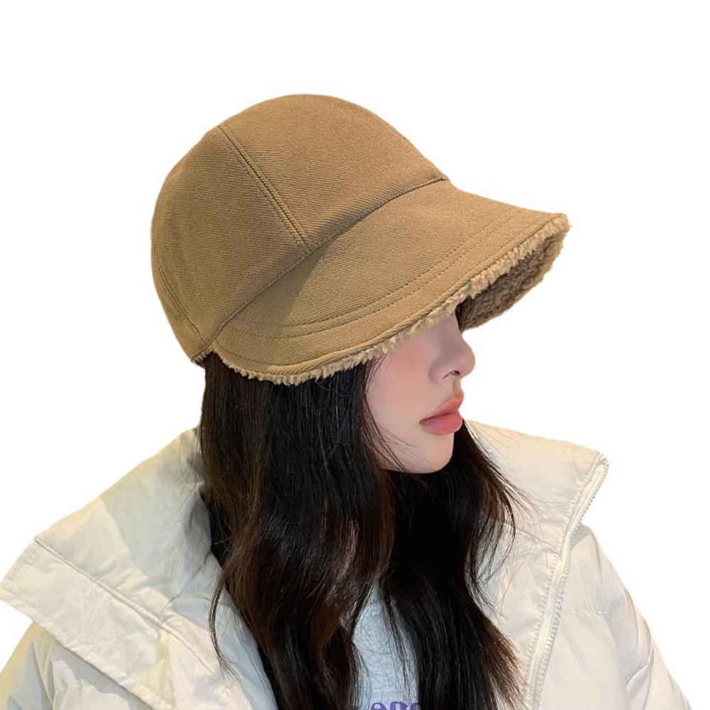 Windproof Plush Bucket Hat Solid Color Versatile Visor Hat Warmth Flat Cap Autumn Winter