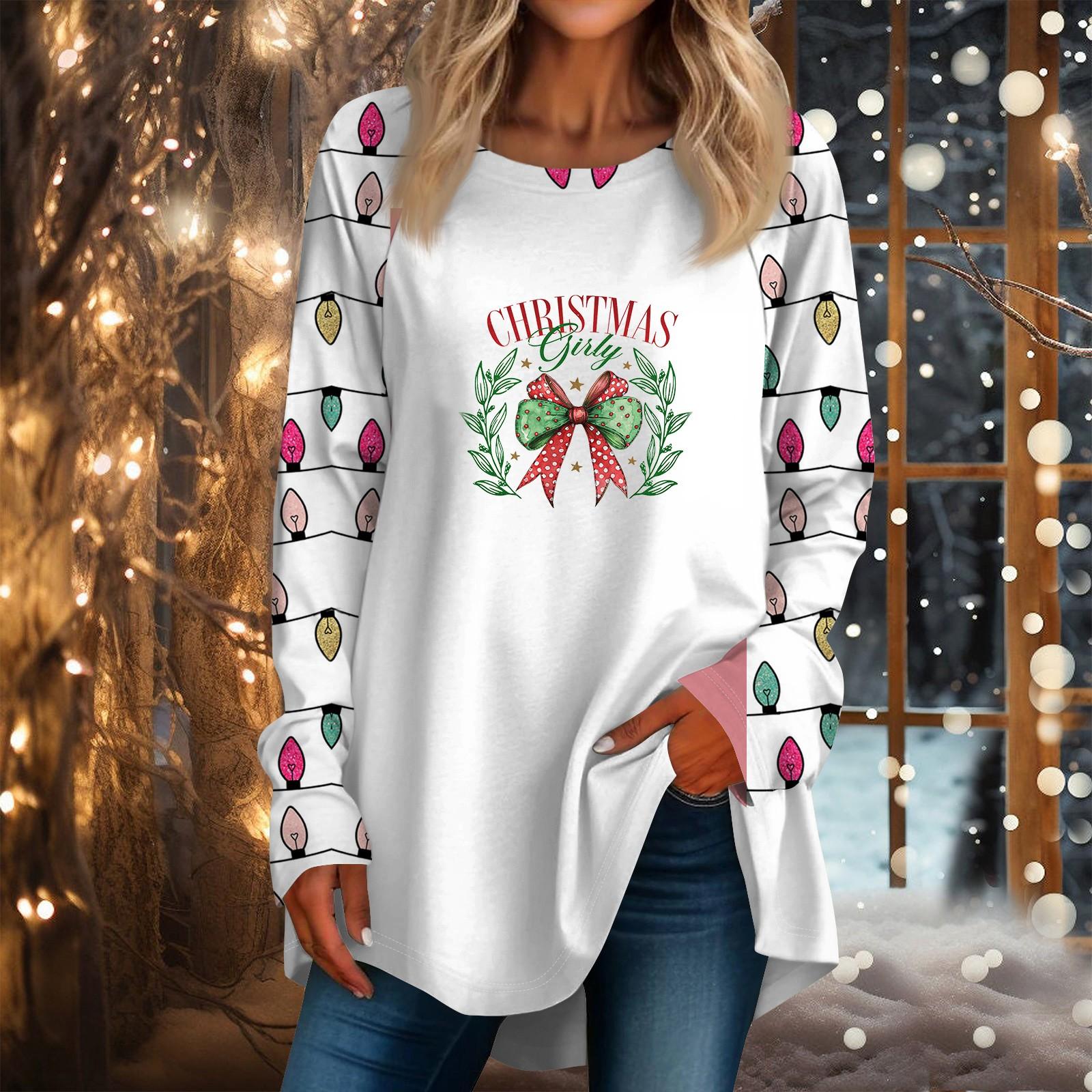 

Женская повседневная футболка больших размеров с длинными рукавами и круглым вырезом с рождественским принтом, топ, пуловер XXXL