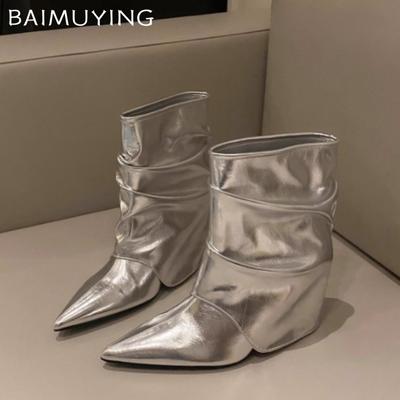 Γυναικείες Μπότες Μέχρι τον Αστράγαλο Μυτερή Μύτη Μόδα Πλισέ Μεσαία Τακούνια Δερμάτινα Παπούτσια Τάση Γκοθ Σχεδιαστής Χειμώνας Νέες Chelsea Botas De Mujer