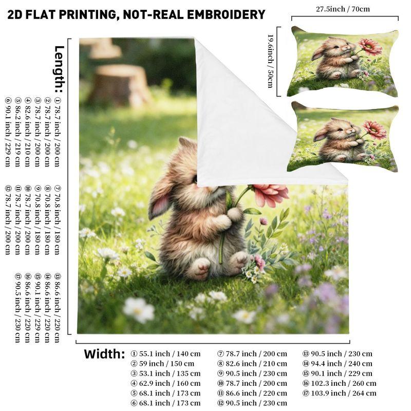 

3pcs Printed duvet cover pillowcase cute light brown white fluffy rabbit holding pink flower sitting green grass pattern bedding 135x200cm