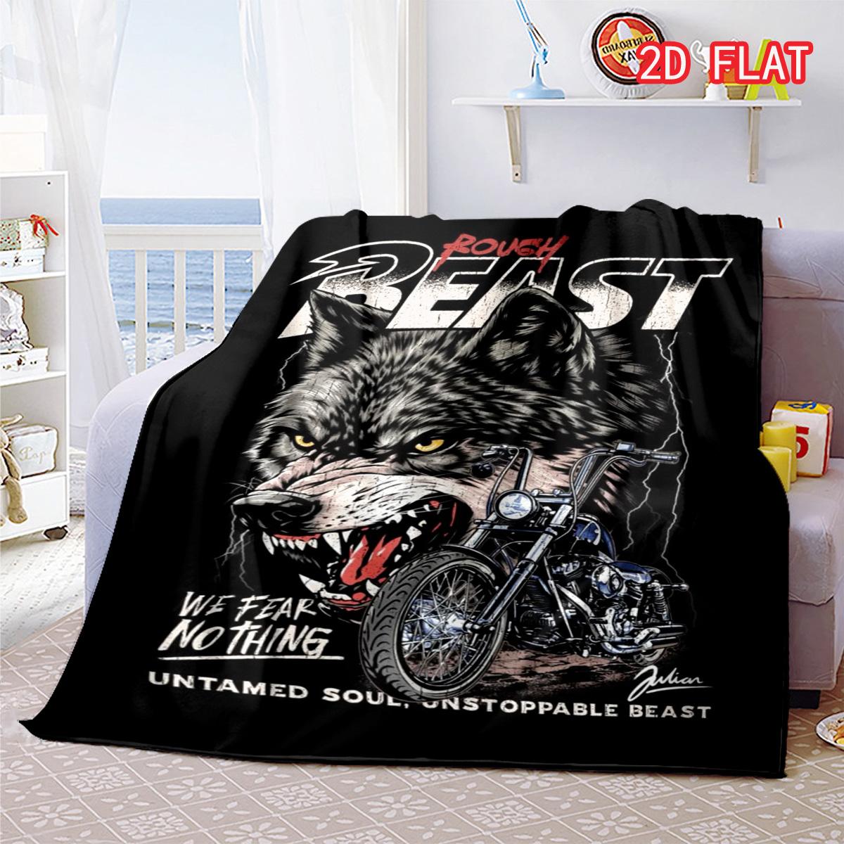 

Biker Wolf & Motorcycle Flannel Blanket, Gothic Rough Beast Design Cozy Throw 80cm x 120cm