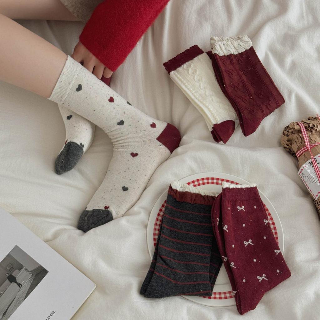 Berry Red Series'New Socks Rhombus Bow Medium Tube Socks Polka Dot Stacking Socks