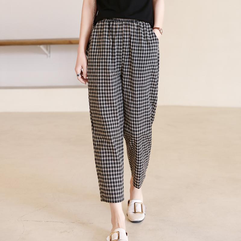 Casual High Waist Pants for Women Plus Size Vintage Striped Elastic Waist Summer Plaid Pants