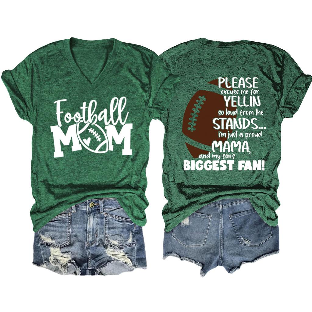 Summer new Vneck Tshirt Football Mom print loose casual shortsleeved top ladies all fashion pullover
