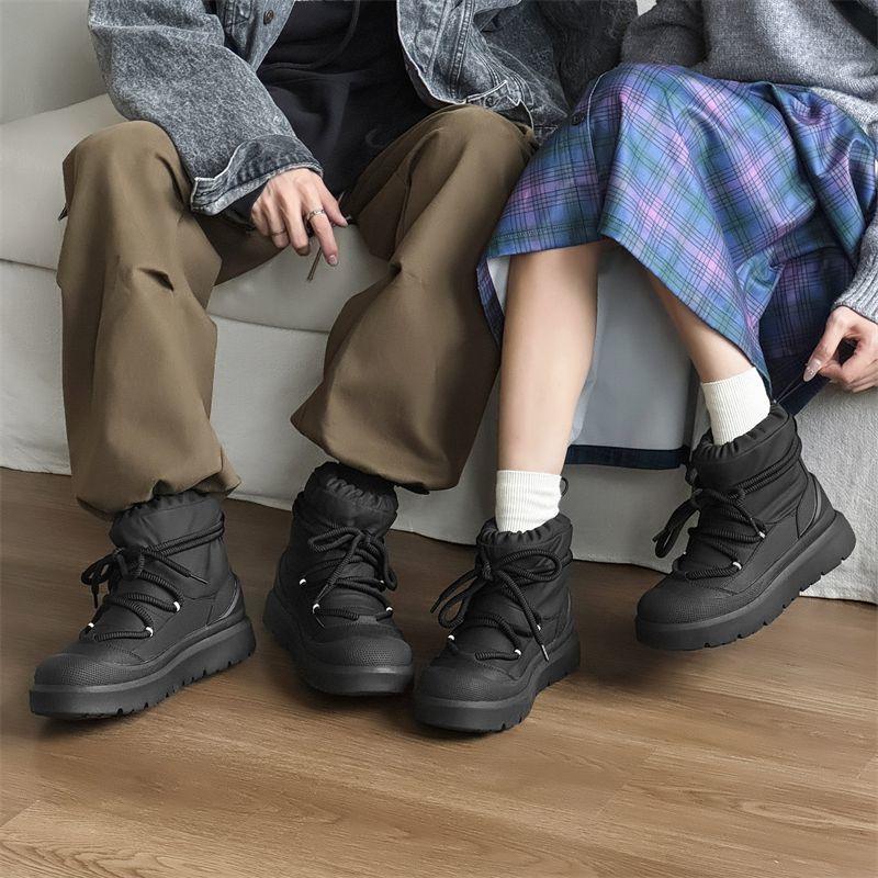 Work Style Snow Boots for Men Women Plus Fleeces Warm Winter Boots High Top Thick Soled Lace Up Black Plush Couple Cotton Shoes