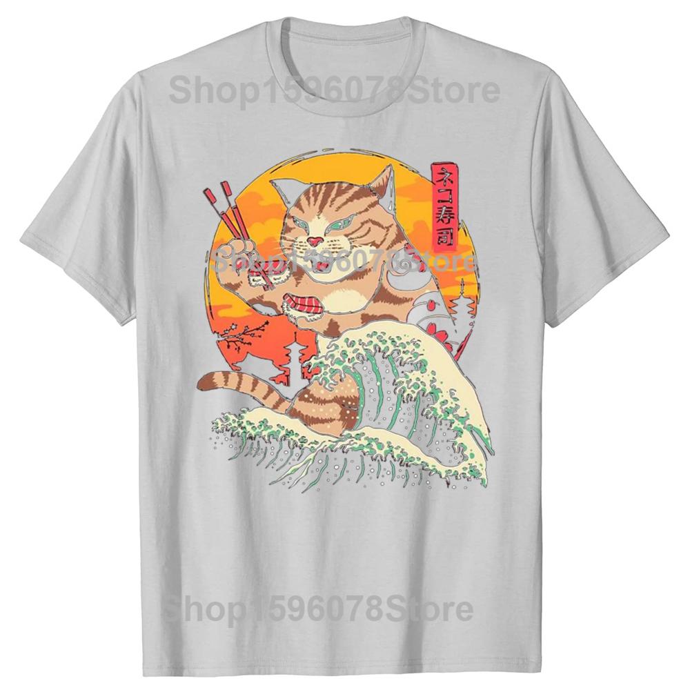 Funny Cat Eating Sushi Graphic T Shirts Men Women Pure Cotton Humor Streetwear Tee Shirt Short Sleeve Unisex Loose Clothing
