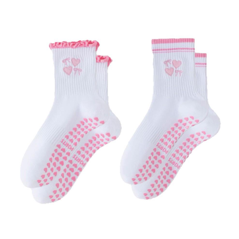 Women's Cotton Mid-Calf Yoga Socks with Anti-Slip Silicone - Wood Ear Lace Design for Indoor Fitness and Pilates