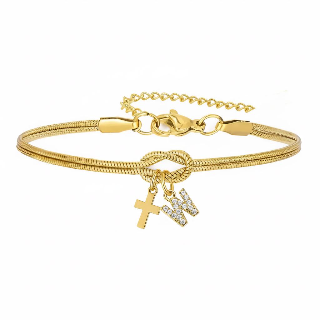 Double Knot Round Snake Bone Bracelet with Diamond 26 Letters Cross Pendant Charm Jewelry