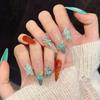 Handmade Press On Nail Gentle Ice Blue Contrast Color Hand-painted 3D Carved Flower Pearl Stiletto Pointed Fake Nail Patch Artificial Nail Reusable