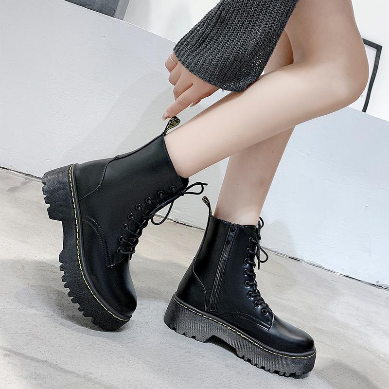 New Mid Calf Boots Women Winter Fashion Lace-up Ladies Chelsea Zipper Botas Mujer Boots Sports Platform Heel Ladies Shoes D466