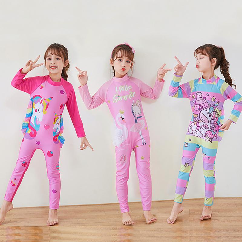 2 Pcs Girls Swimsuit Cartoon Printing Long Sleeve One-piece Swimwear Beach Sunscreen Trousers With