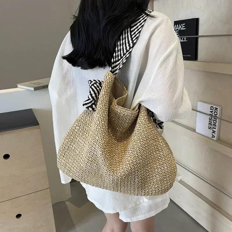 Pevná Slaměná Velkokapacitní Slaměná Dámská Taška přes Rameno Model Seaside Holiday Pletené Tašky Ležérní Všestranná Crossbody Taška