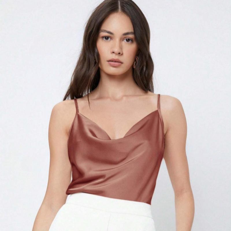 Summer Sleeveless Satin Base Casual Tank Tops Women Pile Collar Sexy Loose Tanks Women's Camis Elegant Slim Fit Simple Female Straps Tank Vest 26559