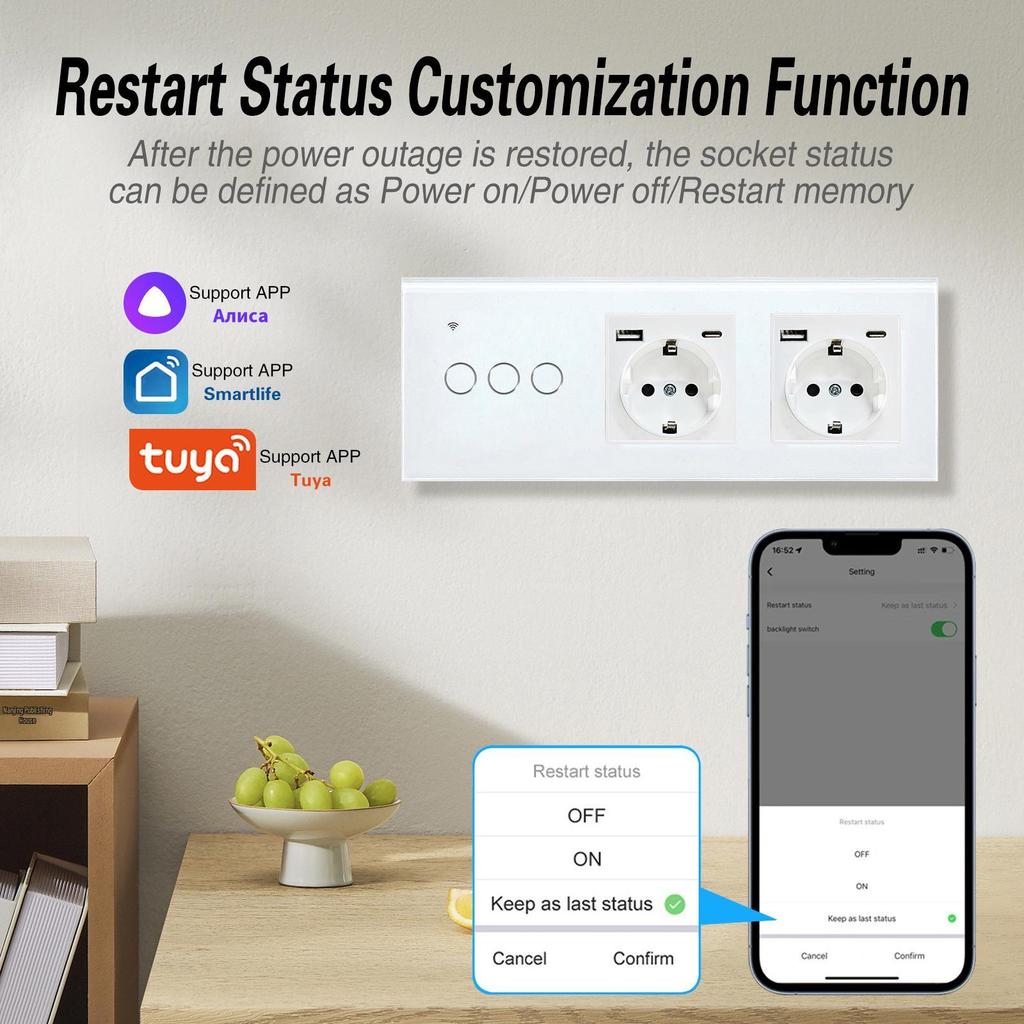 European Standard 228 Smart WiFi Graffiti Switch Socket with Tempered Glass