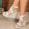 Women's Beige Espadrille Wedge Sandals - Ankle Buckle, Open Toe, Thick Sole, Strappy Summer Fashion Heels