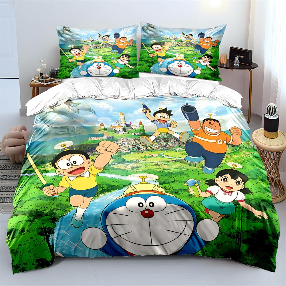 D-Doraemon mit Freunden Bedrucktes Bettwäscheset für Kinder Jungen Mädchen Neue 3D-Bedruckte Bettdecke Bettbezug Kissenbezug Schlafzimmer Dekor