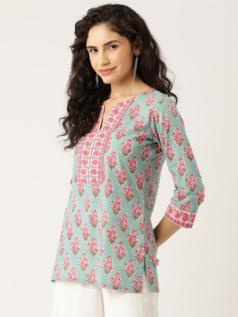 Sea Green Printed Sequinned Pure Cotton Kurti