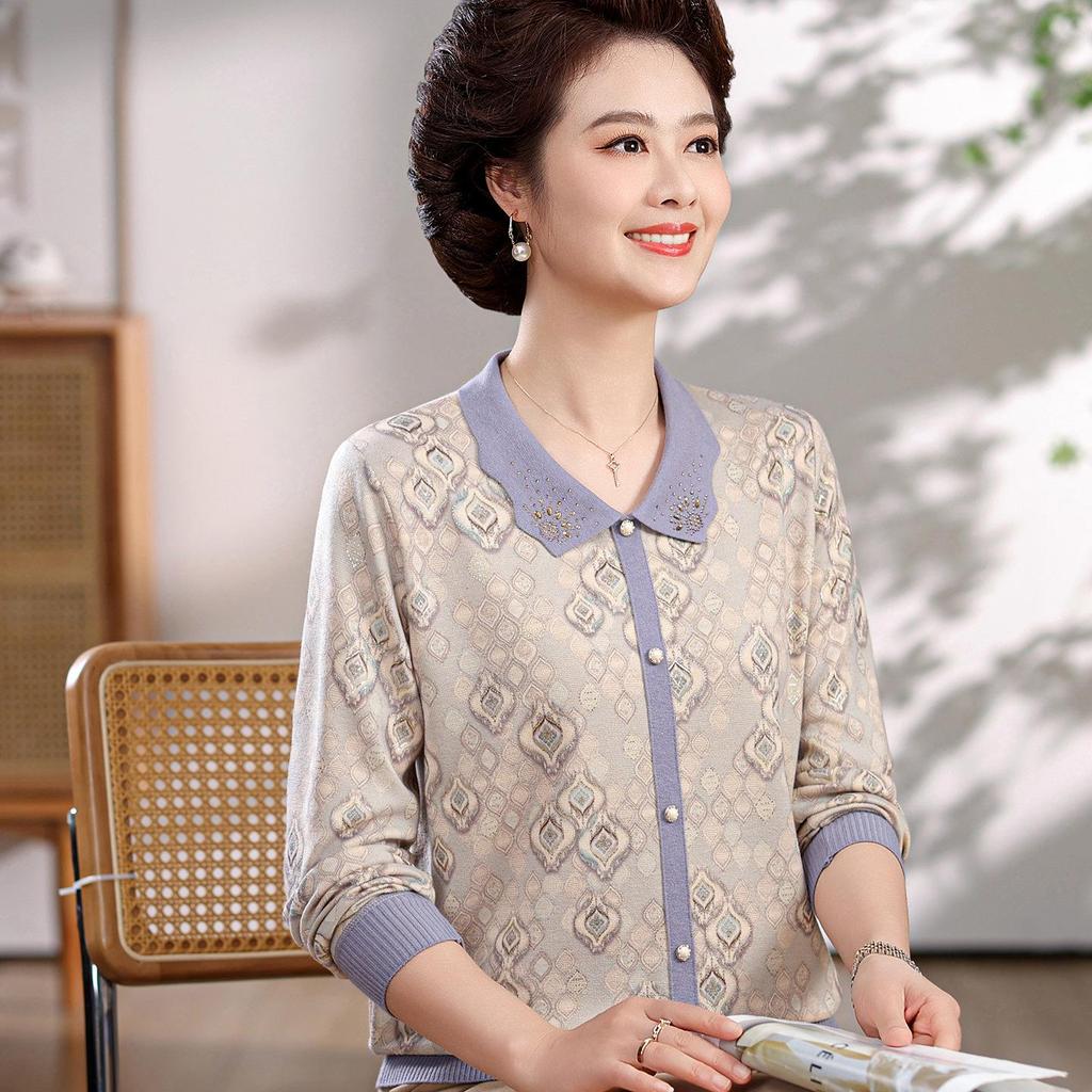 Elegant Spring Long-Sleeve Lapel T-Shirt for Stylish Middle-Aged Women