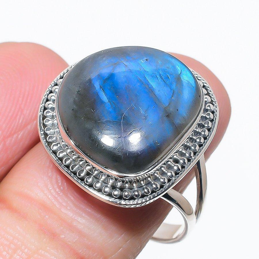 

Natural Labradorite Gemstone Handmade 925 Solid Silver Jewelry Ring Size 10 v7I21