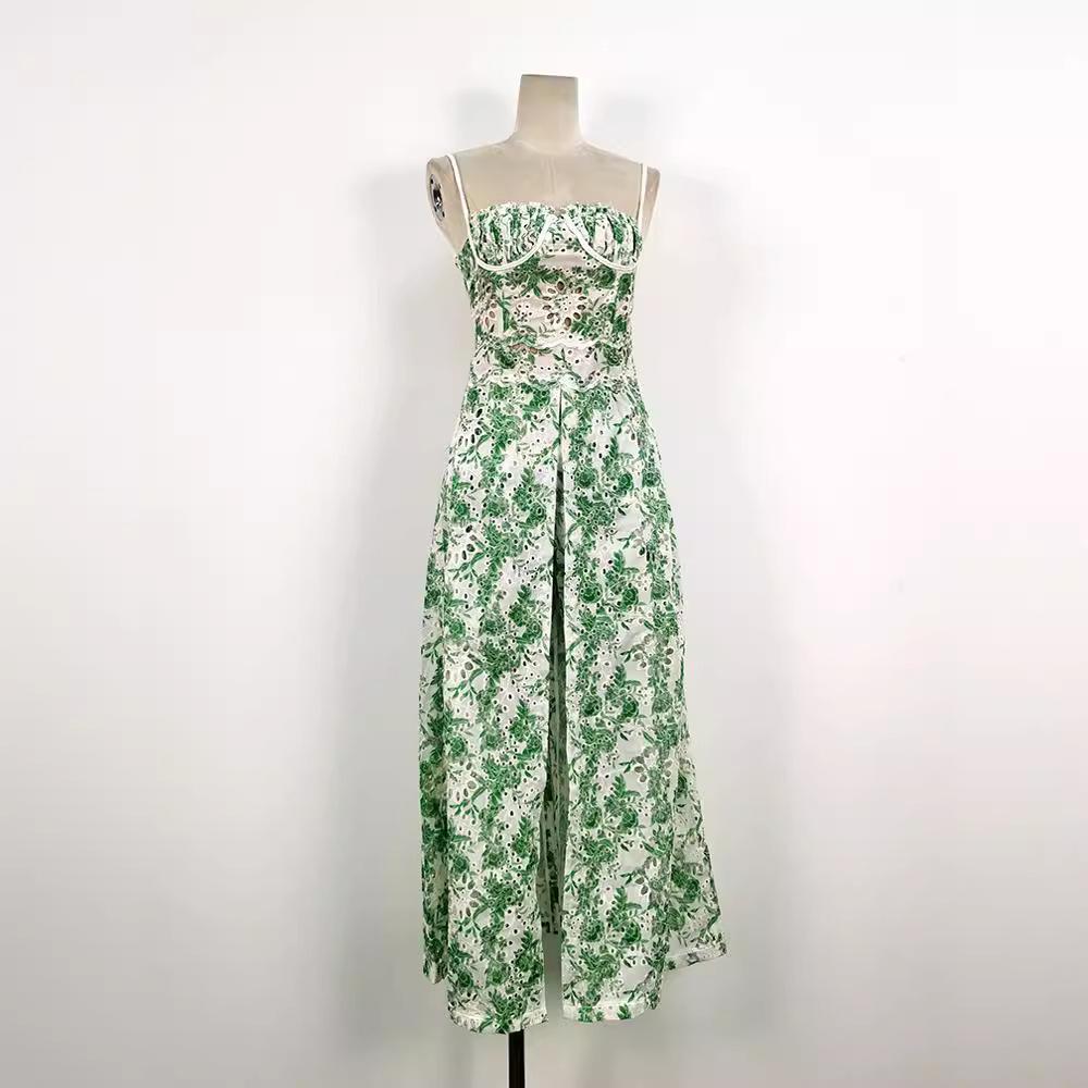 Vietnamese Designer Floral Embroidered Suspender Dress & Slim Split Long Skirt Set