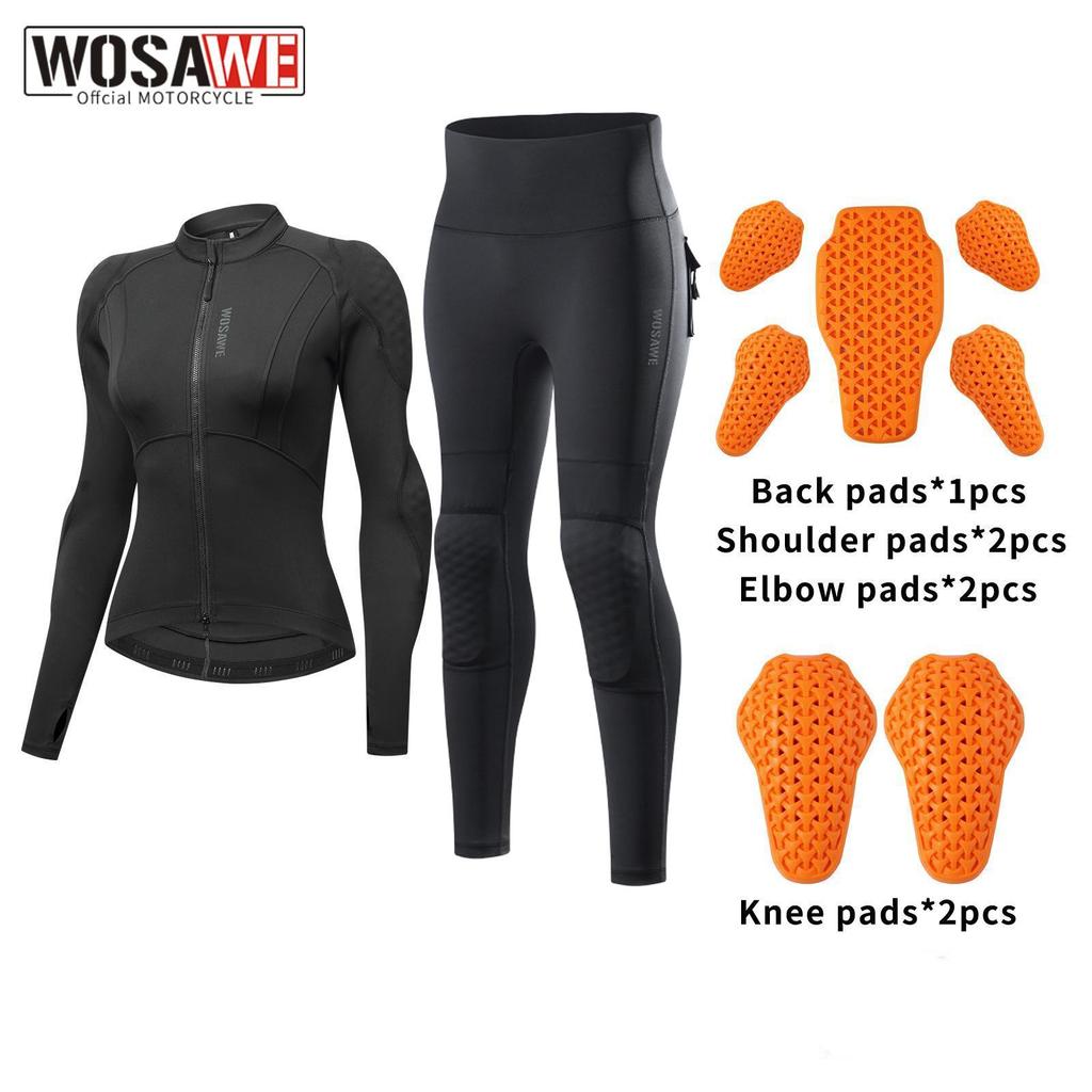 Wosawe Damen Motorradkleidung Schlank Hoch Elastisch Motorrad Hemd Hose Ganzkörper Weiche Polster Anzug